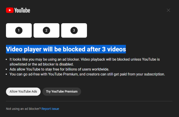 YouTubeによる広告ブロッカー閲覧制限の警告